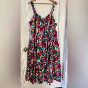 Terra & Sky Teal Floral Tiered Dress with Fuchsia & Mustard Accents 2X
